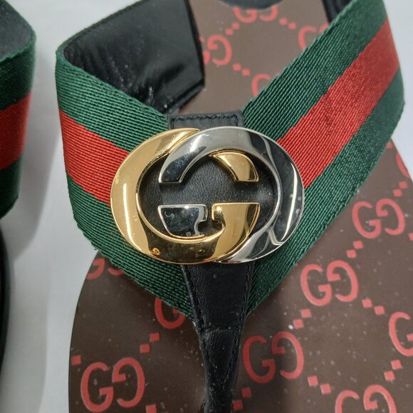 Gucci Interlocking GG Logo Flip Flops with Red and Green Stripes - Picture 2 of 4